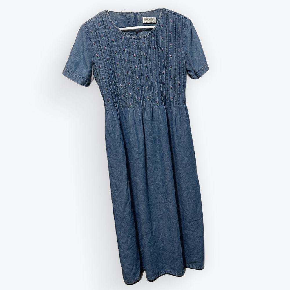 Vintage Rustic Denim Cottage Prairie Embroidered Floral Modest MidiDress ~ S/M? - Picture 16 of 16